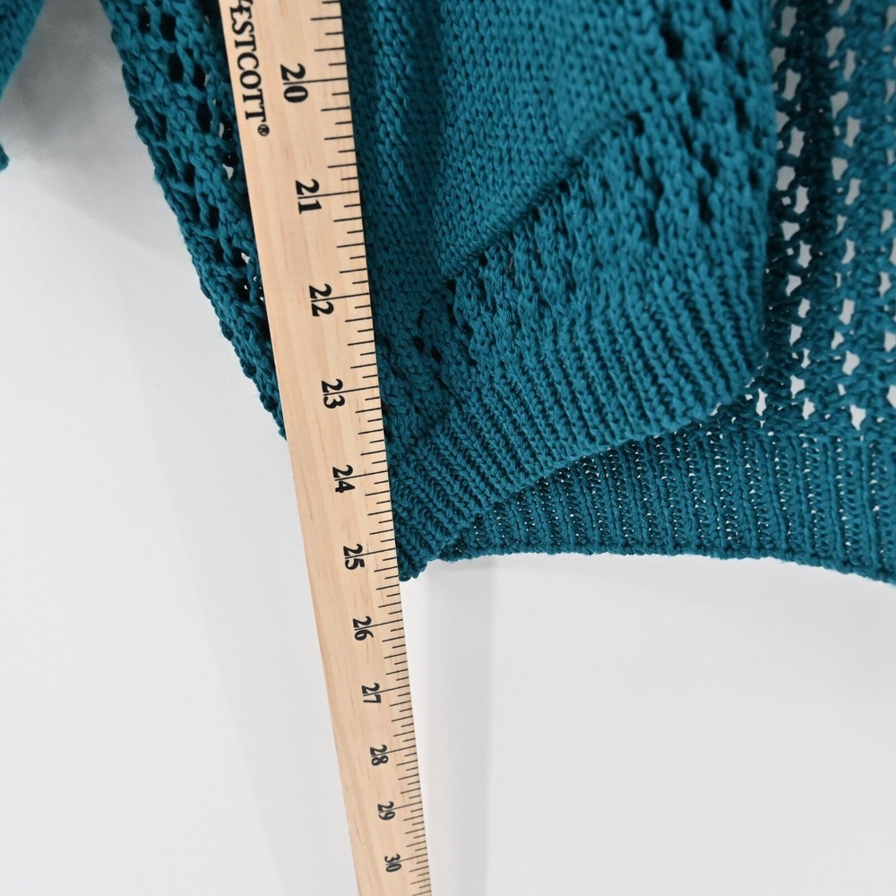 BRAND BAZAR Cardigan Sweater Womens Sz L Crochet Blue Open Knit Quarter Sleeve - Picture 4 of 10